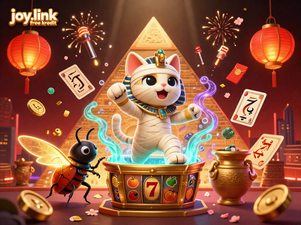 Spin luck with joy.link free kredit in a vibrant casino scene featuring a mummy cat and golden elements.