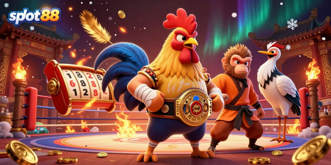 Experience the excitement of slot88 with a dynamic scene featuring a Muay Thai rooster and a Shaolin monkey, surrounded by vibrant casino elements.