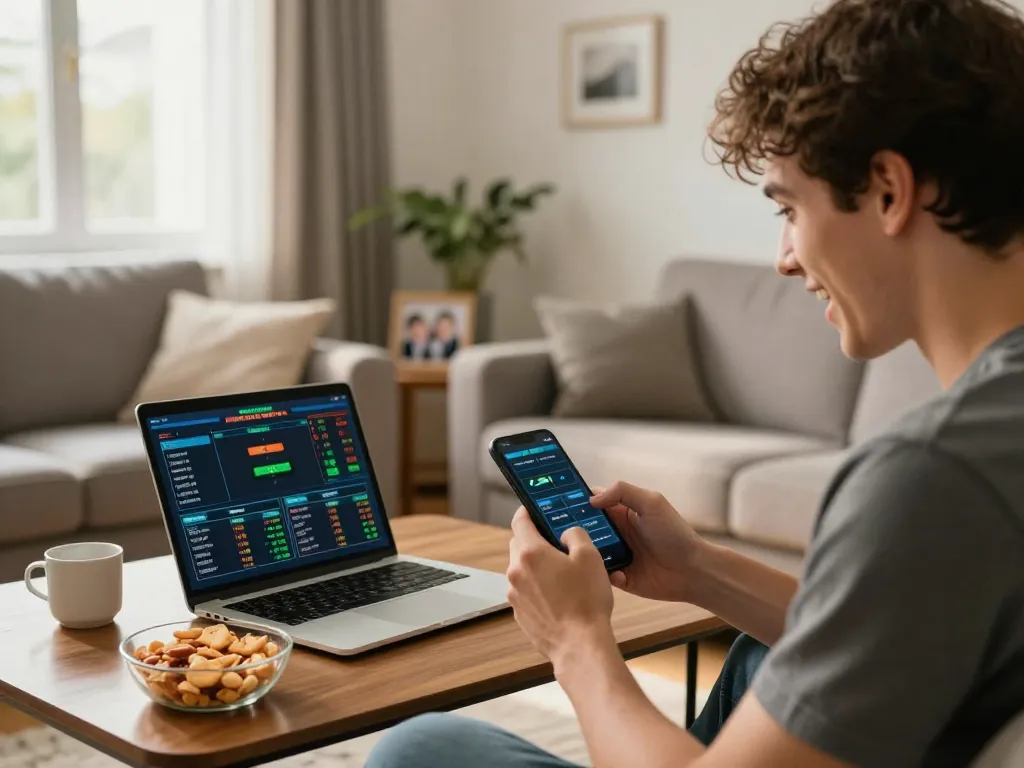 Engaging in keo nha cai with live sports betting on a smartphone in a cozy home environment.