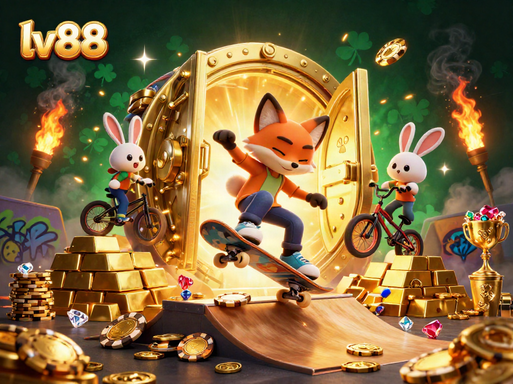 Engaging lv88 casino scene with a skateboarder fox and BMX rabbit amidst golden treasure and vibrant casino symbols