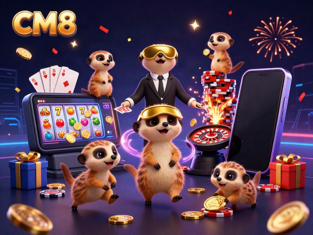 Engage in vibrant gaming action with CM8's lively meerkat casino scene and slot game excitement.