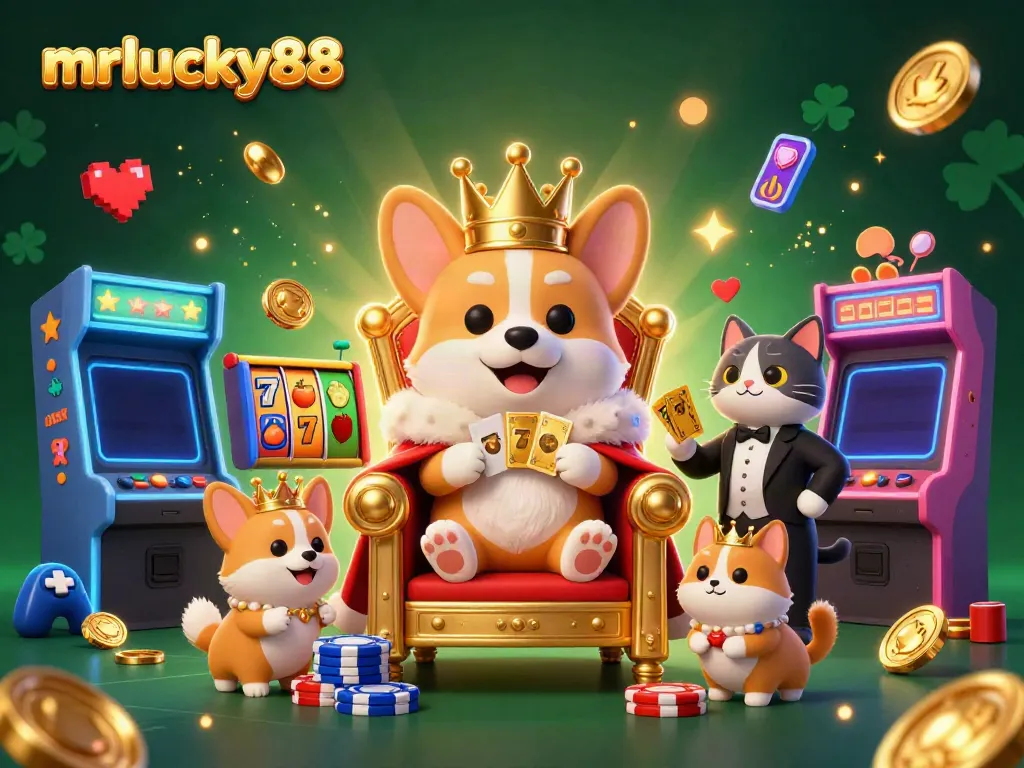 Spin the reels with mrlucky88, a vibrant 3D scene depicting a royal corgi overseeing slot games and prizes.