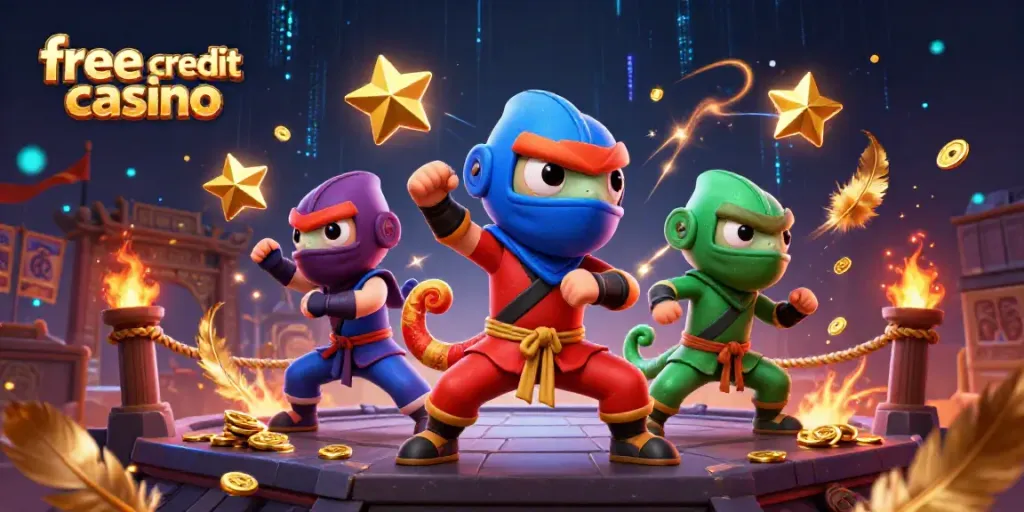 Experience the excitement of free credit casino action with a vibrant 3D ninja chameleon scene.
