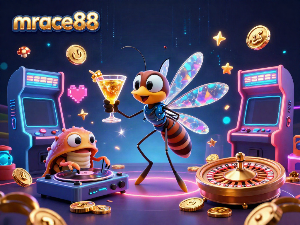 Experience mrace88's thrilling casino atmosphere with a 3D cartoon mosquito mascot and captivating game elements.