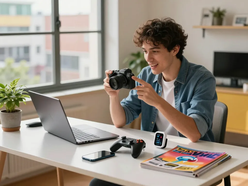 Showcase of affordable tech gadgets including Bluetooth devices in a modern home office.