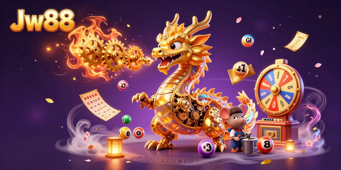 Experience Jw88 with a golden dragon and dynamic lottery elements in this engaging 3D illustration.