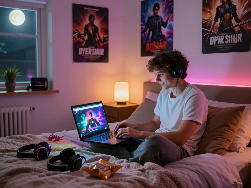 Engaged player enjoying a porno game in a cozy bedroom